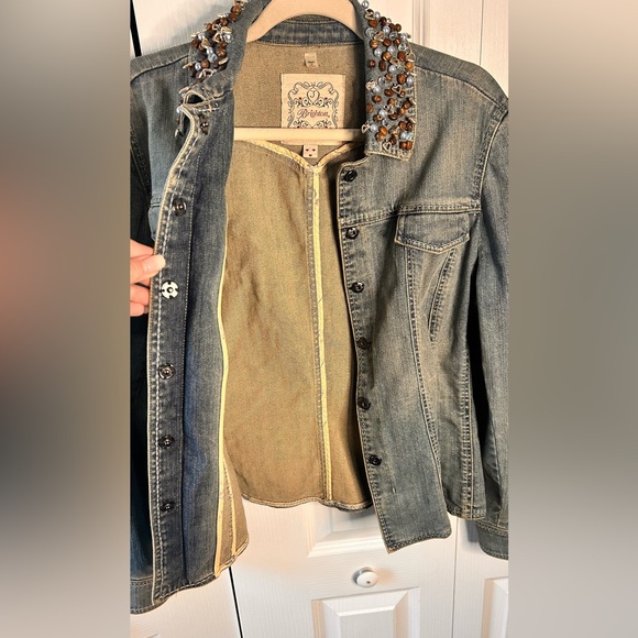 Brighton Womens L Embellished Collar Light Blue Snap Button Denim Jacket Y2K VTG - Picture 3 of 10